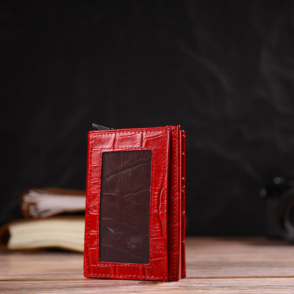 Женский картхолдер в три сложения с автоматическим мехнизмом из натуральной кожи с тиснением под крокодила Киев - изображение 9