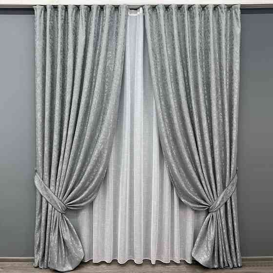Комплект штор VR-Textil Льон Мармур 150х270 2шт і Тюль 400х270 1911ш-115т Світло-сірий з білим 71-131/3 Київ