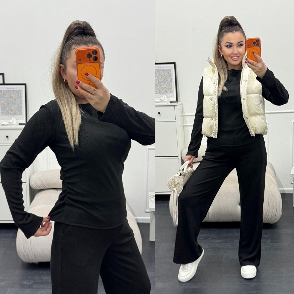 Женский базовый костюм двойка: лонгслив и штаны трикотажный рубчик Черный, 46/48 Одесса - изображение 10