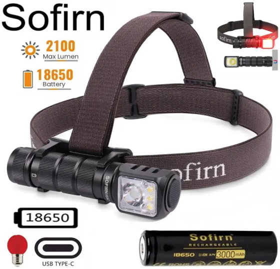 Налобный фонарь Sofirn HS42 + аккумулятор 3000mAh + клипса (2100лм 6000К USB-C 18650 IP66) с красным светом Черный Киев