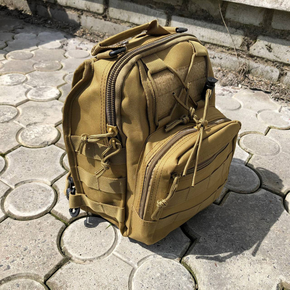 Тактична чоловіча сумка рюкзак слінг через плече чорна армійська міцна міська коричневий кольор Київ - фото 9