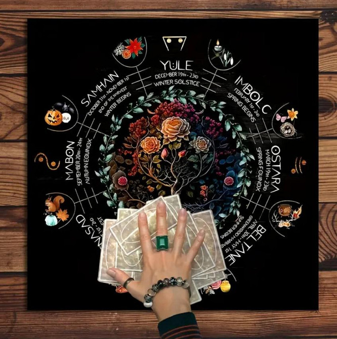 Вівтарна скатертина для Таро та рун "Колесо року" | Скатертина для гадання 50*50 см | Малюнок Древо життя та Колесо року Київ - фото 2