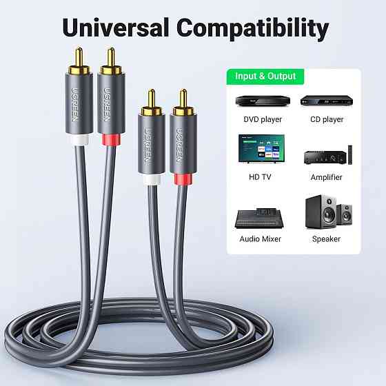 Аудіокабель UGREEN AV104, 2RCA Male to 2RCA Male, ABS, 5m Black Одеса