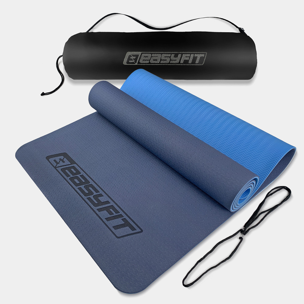 Килимок для йоги та фітнеса EasyFit TPE+TC 6мм двошаровий + Чохол синій з блакитним Коломия - фото 1