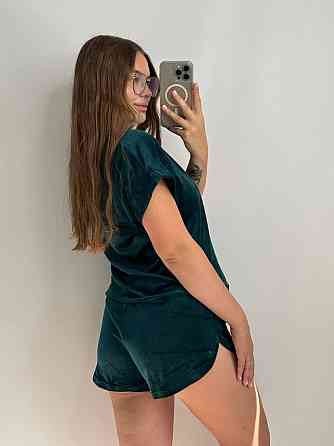 Піжама-комплект (футболка+шорти+штани) з плюш-велюр Смарагд L Харків