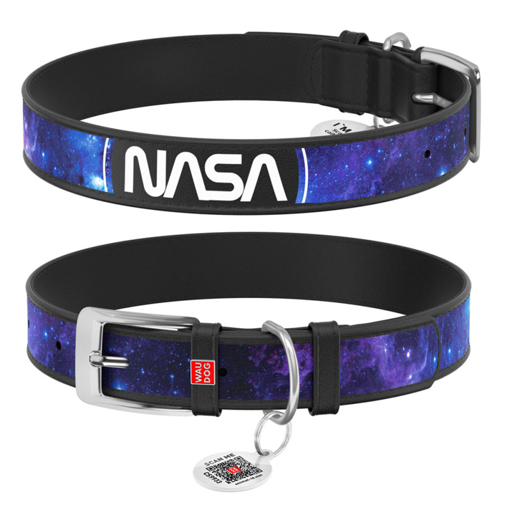 Нашийник для собак шкіряний WAUDOG Design з QR паспортом, малюнок "NASA21", XL, Ш 35 мм, Д 46-59 см, чорний Київ - фото 1
