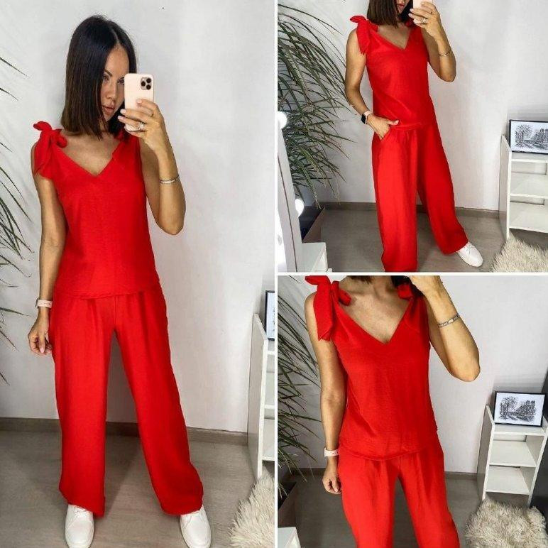 Літній жіночий костюм із широкими штанами "Ясмин" оптом | Норма та батал | Розпродаж моделі Червоний, 52 Київ - фото 5