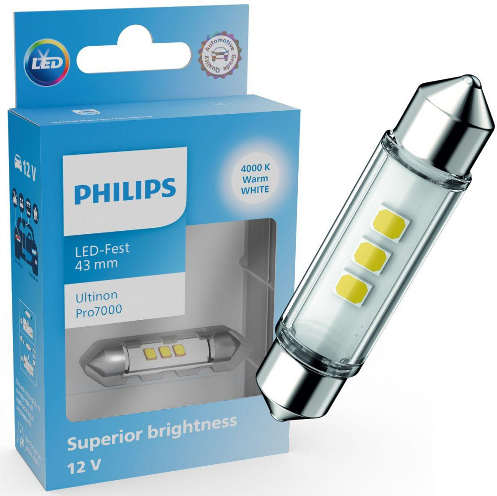 Світлодіодна лампа PHILIPS 11866WU70X1 C5W/C10W LED Ultinon Pro7000 Festoon SV8.5 WHITE 4000K 43mm 12V (1 шт) Харків - фото 1