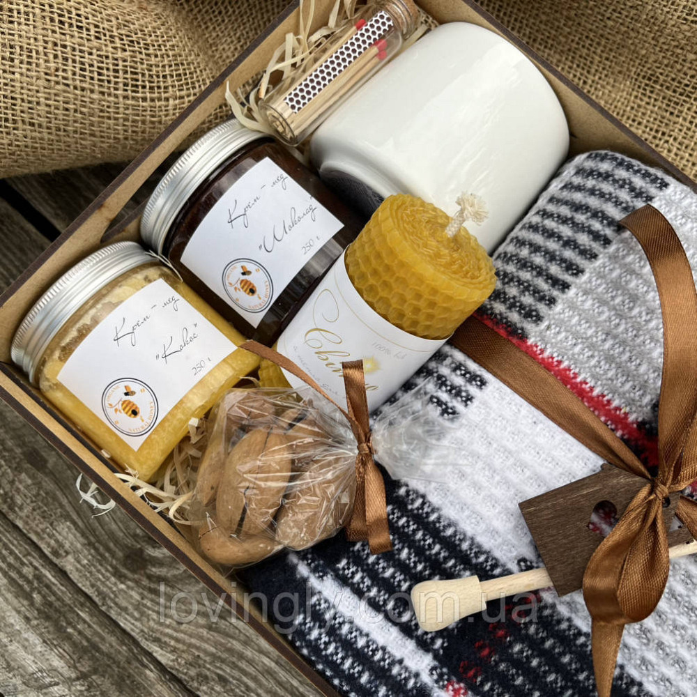 Оригінальний подарунок чоловікові – набір у дерев’яному боксі з пледом і медом Ірпінь - фото 5