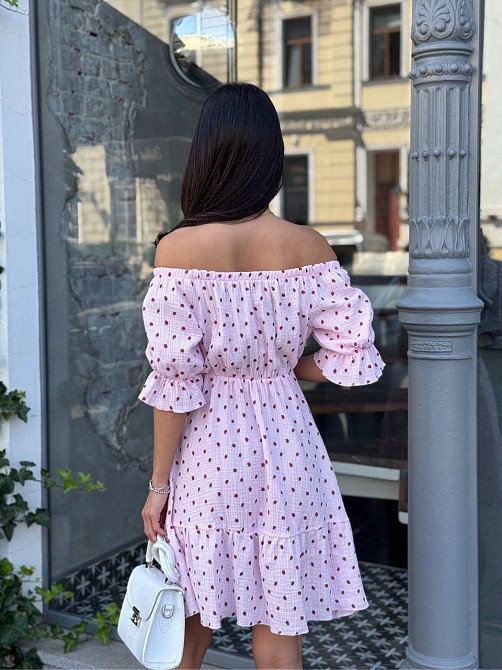 Жіноче романтичне легке принтоване плаття з відкритими плечима муслін Рожевий, 42/44 Одеса - фото 3