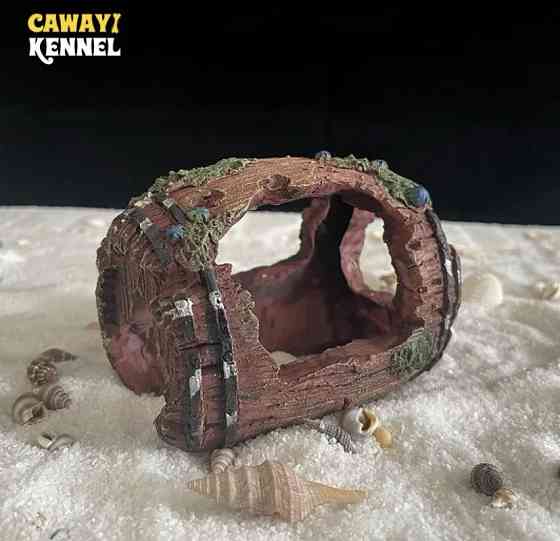 Декор для акваріума "Затонувший бочка" - розмір 6 на 9 см, смола, акваріумний декор черовний Київ