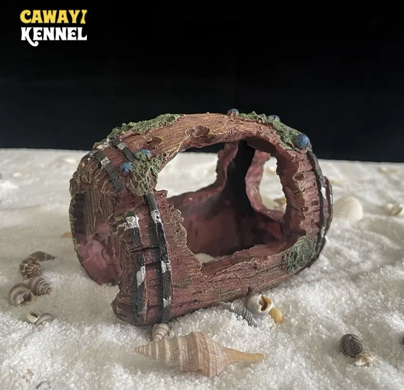 Декор для акваріума "Затонувший бочка" - розмір 6 на 9 см, смола, акваріумний декор черовний Київ - фото 1