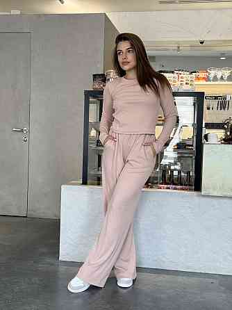 Женский костюм в рубчик с широкими штанами Бежевый M/L Харьков