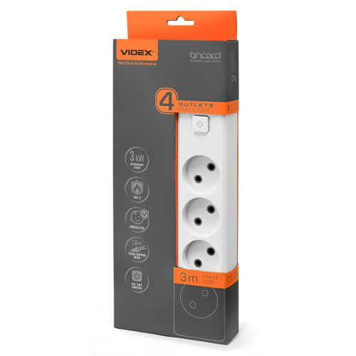 Мережевий подовжувач без заземлення 4 розетки 3м з кнопкою білий Oncord Videx Житомир