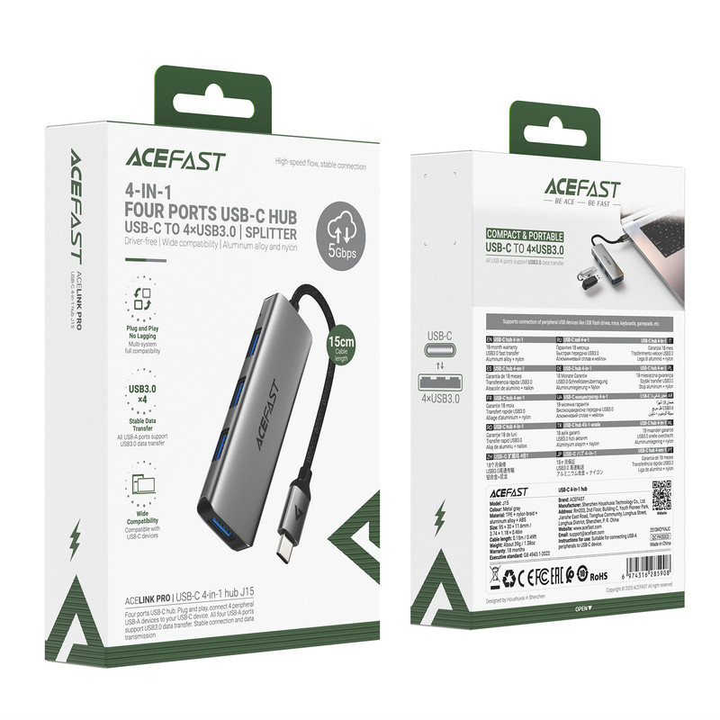 USB-хаб ACEFAST J15 USB-C 4-in-1 HUB Metal Gray Одеса - фото 2