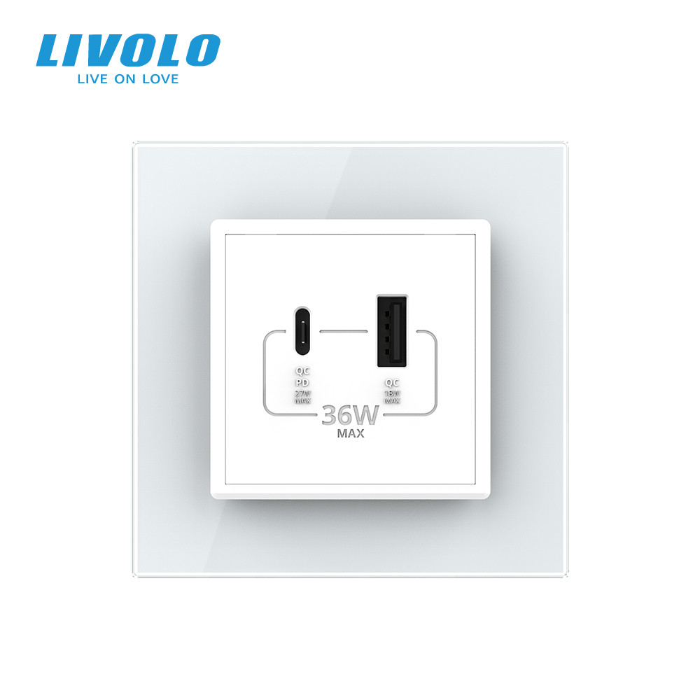 LIVOLO Розетка USB-A та USB-C з Power Delivery 36W Livolo білий скло (VL-C7FCUA18W.UC18W-2WP) Коломия - фото 10