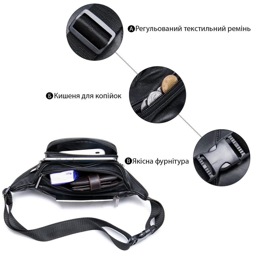 Сумка поясная из овечьей кожи Черная (Vintage) Киев - изображение 6