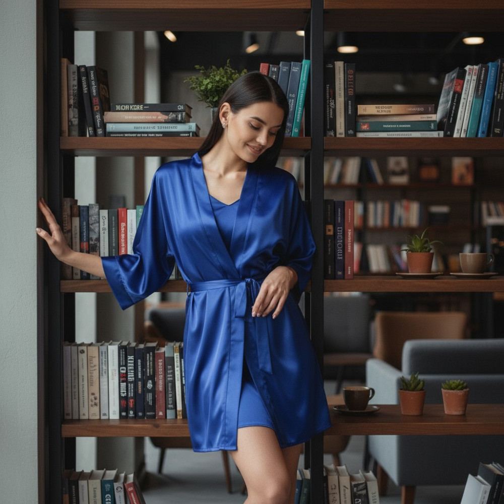 Халат женский шелковый под пояс длина 90см Электрик XS/S Харьков - изображение 4