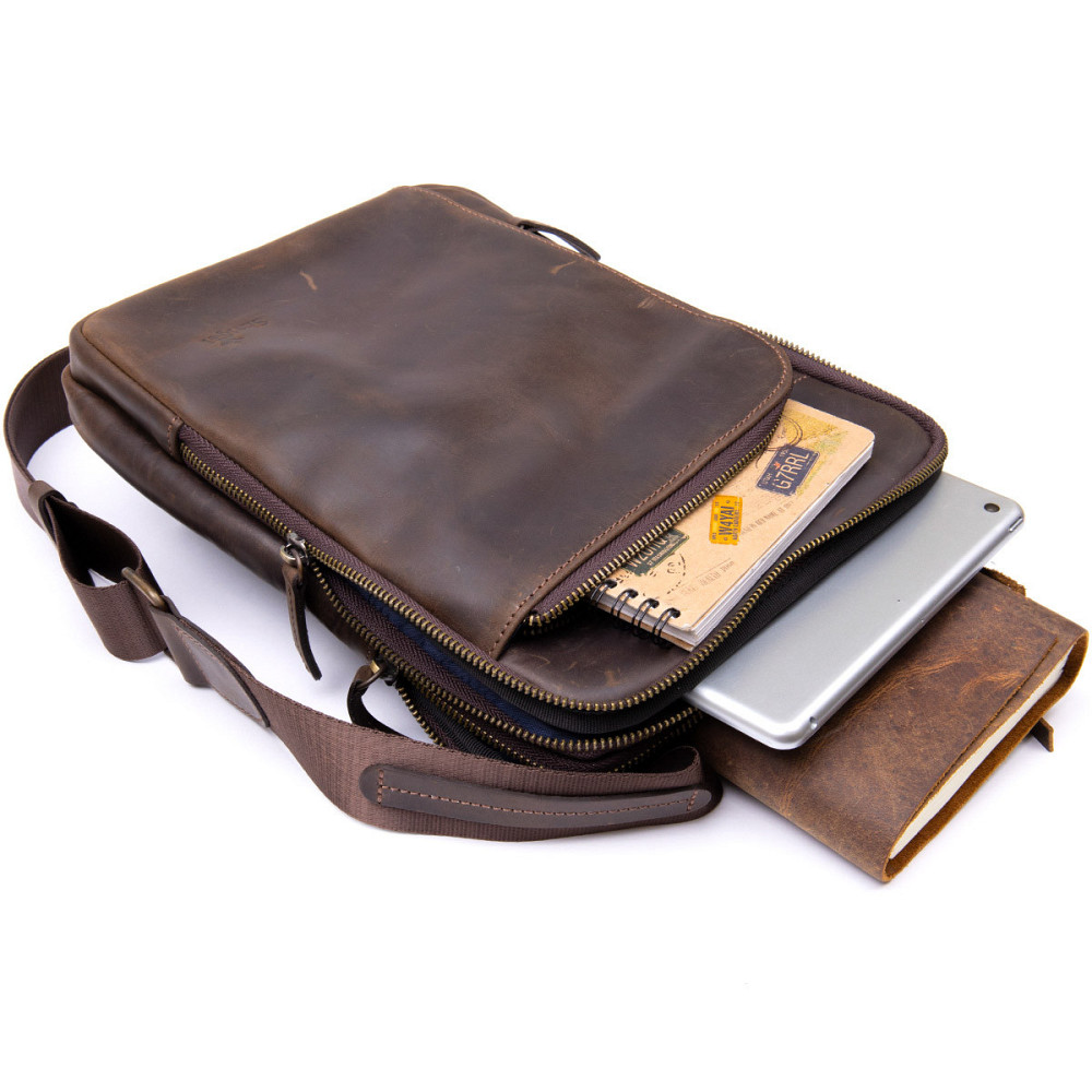 Оригинальная сумка с накладным карманом на молнии в матовой коже 11280 SHVIGEL, Коричневая Киев - изображение 7