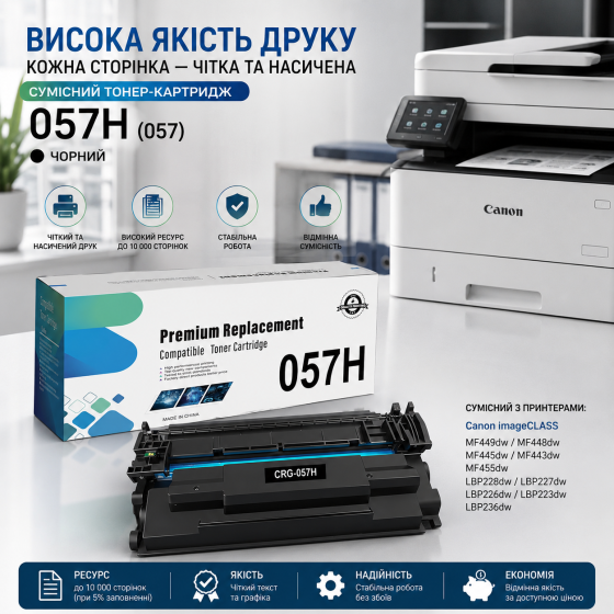 Тонер-картридж 057H (3010C002) High Yield для Canon MF443dw, MF445dw, LBP223dw, LBP226dw — 10000 страниц (с чипом) Киев