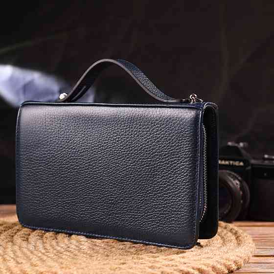 Отличная мужская барсетка на два отделения из натуральной зернистой кожи CANPELLINI 21568 Синяя Киев