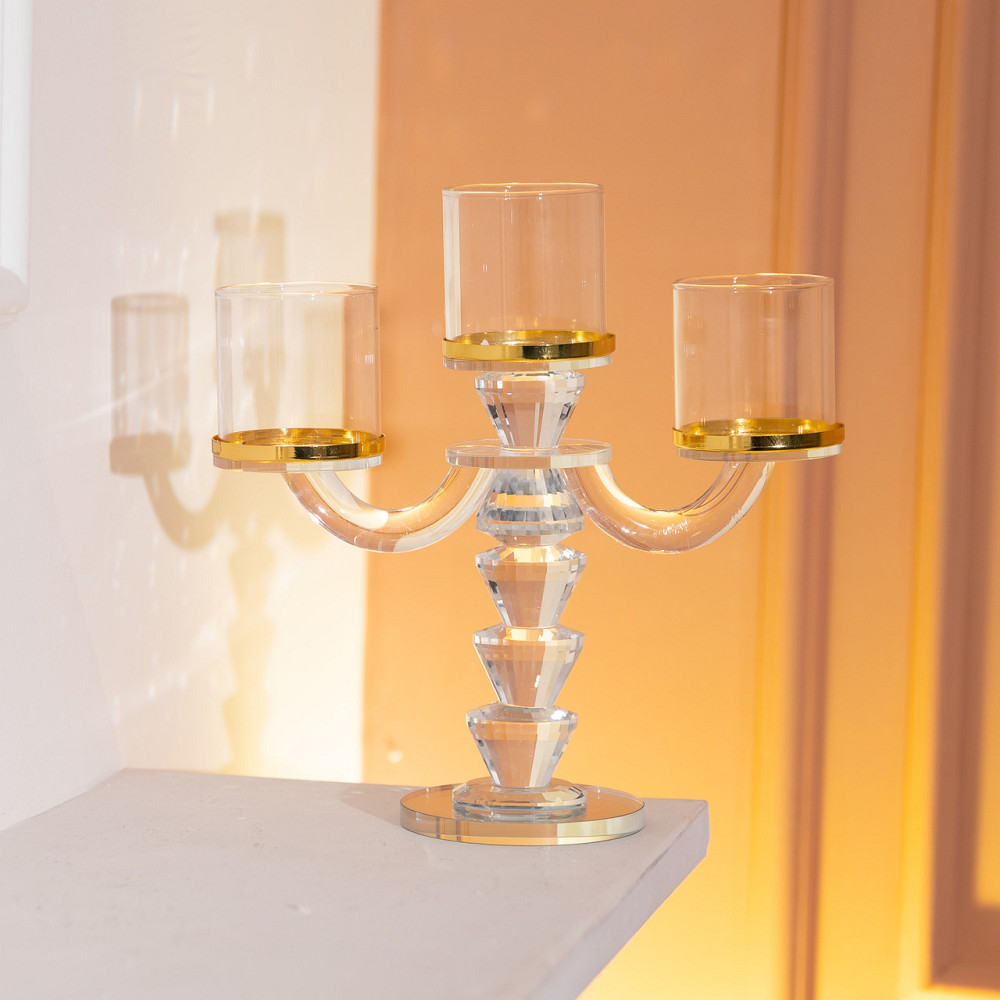 Yiwu Канделябр на 3 свічки 23×9×23.5 см підсвічник скляний декоративний із золотою окантовкою H Коломия - фото 4