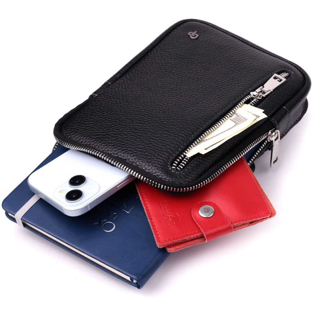 Прямокутна сумка бананка з якісної натуральної шкіри GRANDE PELLE 22877 Чорний Київ - фото 9