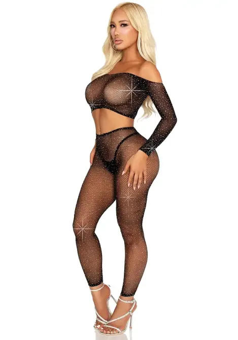 Комплект Leg Avenue Rhinestone Fishnet Crop Top and Legging One Size Black Львів - фото 3