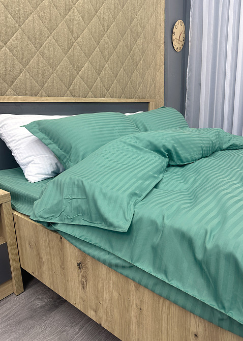 Комплект постельного белья Страйп-сатин Евро 200х230 с простыней на резинке Бирюзовый (88-099) Киев - изображение 5