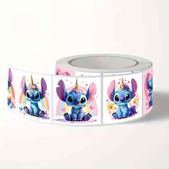 Стікери «Стіч єдиноріг» — рулон 500 шт, Ø2.5 см, милі наліпки для школи, щоденників і пакування Київ