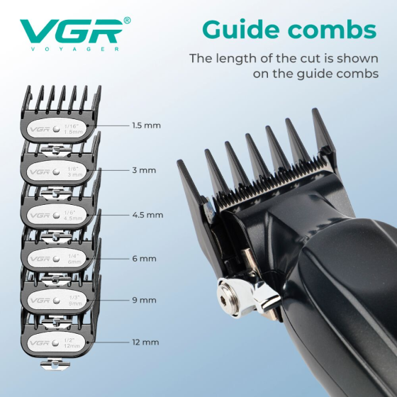 Акумуляторна машинка для стрижки волосся VGR V-662 10 Вт 3000 мАг (6 насадок, LED-дисплей, 7000 об/хв) Одеса