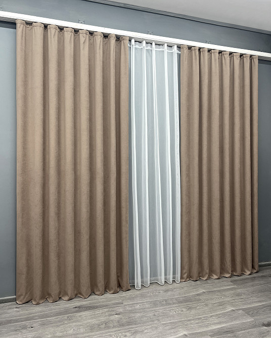 Комплект штор VR-Textil Микровелюр Petek 150х270 2шт и Тюль 600х270 2018ш-1153т Капучино с белым 71-155/5 Киев - изображение 3