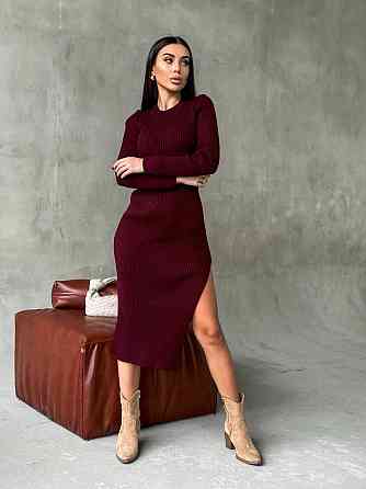 Женское романтическое вязаное платье в длине меди двойная вязка акрил+шерсть Бордо Одесса