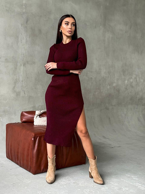 Женское романтическое вязаное платье в длине меди двойная вязка акрил+шерсть Бордо Одесса - изображение 6