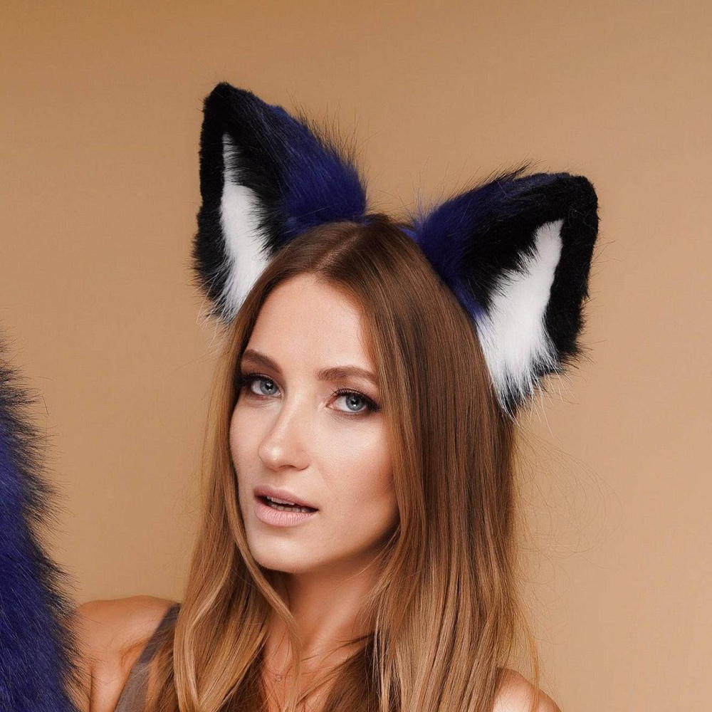 Меховые ушки кошки трехцветные: Синий, черный, белый OKOVA Sex Aura Киев - изображение 1
