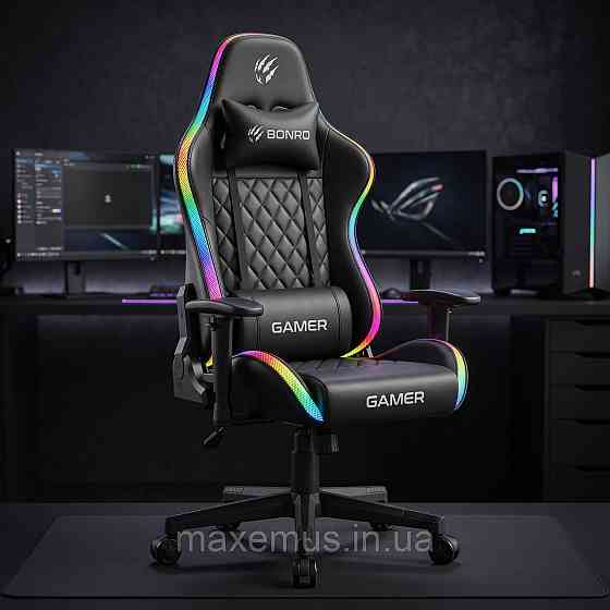 Компьютерное геймерское кресло Bonro Gamer B-149 Черное с LED-подсветкой (Игровое кресло) Мостиська