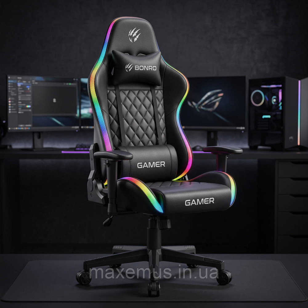 Компьютерное геймерское кресло Bonro Gamer B-149 Черное с LED-подсветкой (Игровое кресло) Мостиська - фото 4