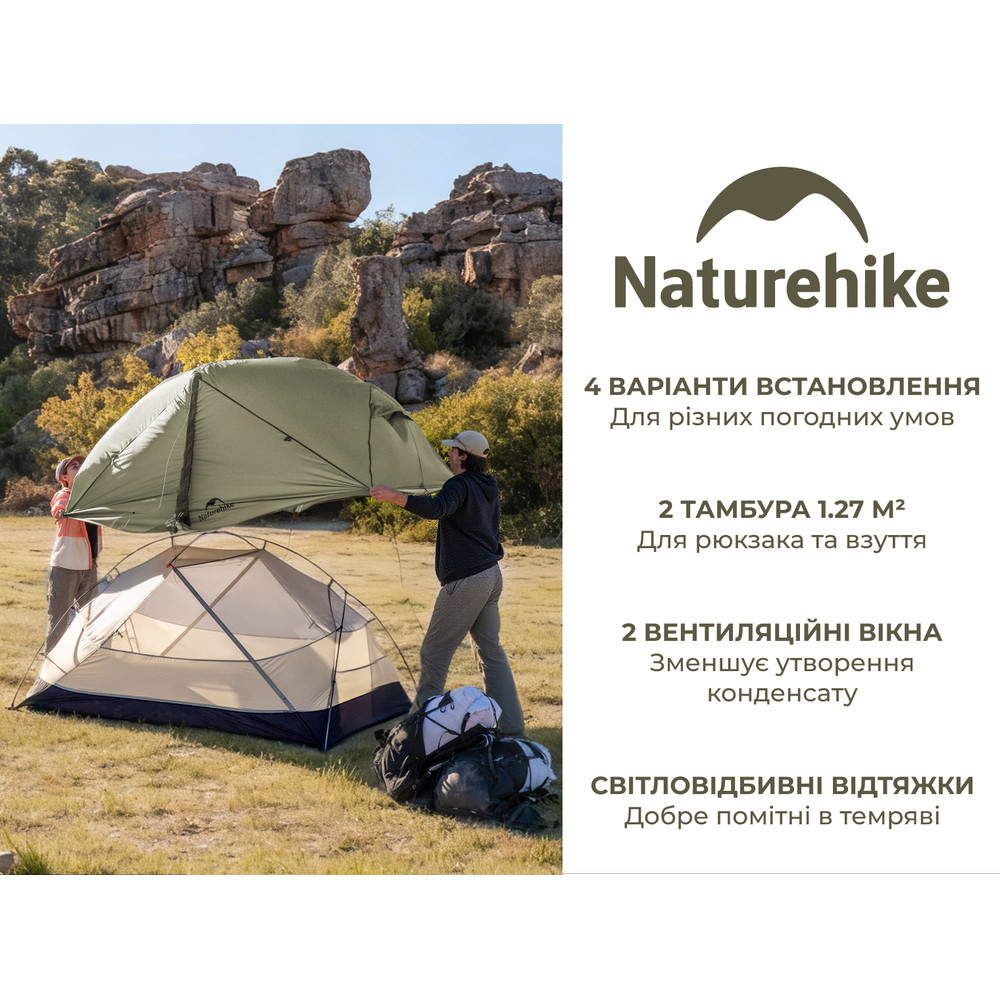 Намет надлегкий двомісний Naturehike Mongar Hiking Tent Pro CNK2550WS037, 20D, зелений Киев - изображение 11