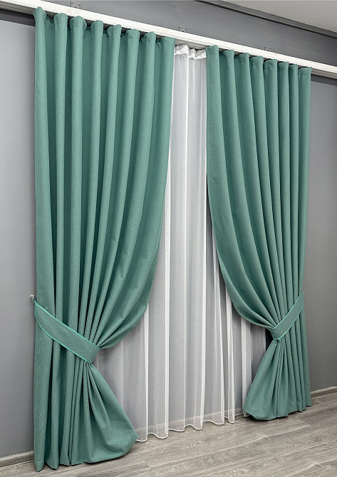 Комплект штор VR-Textil 100% блекаут ASHEN NIGHT 100х270 2шт і Тюль 300х270 1849ш-1153т бірюзовий з білим 71-090/1 Київ - фото 2