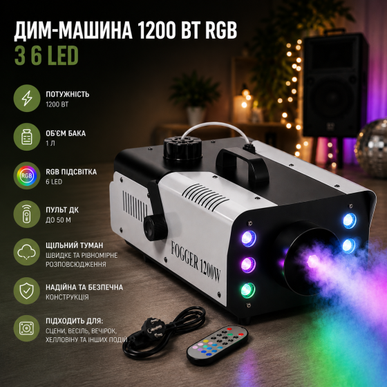 Дым-машина 1200 Вт RGB с 6 LED, генератор тумана с баком 1 л, пульт ДУ до 50 м, для сцены, свадьбы, вечеринок, Хэллоуина Киев