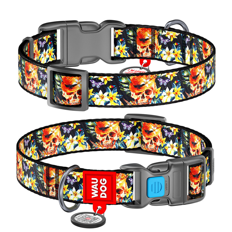 Нашийник для собак нейлоновий WAUDOG Nylon з QR-паспортом, малюнок "Гламурні черепи", пластиковий фастекс, Ш Вінниця - фото 1