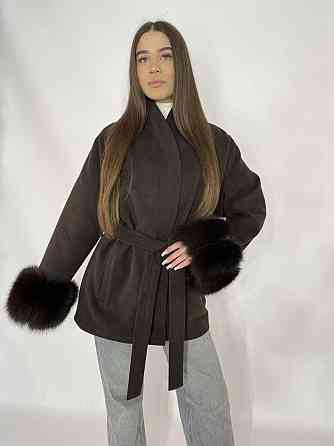 Стильне жіноче пальто з хутром Шоколадний, 3XL-4XL Харків