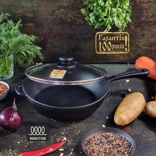 Сковорідка d24*6см скляна кришка чавунна лита Т202С3 Майстерня Житомир - изображение 3