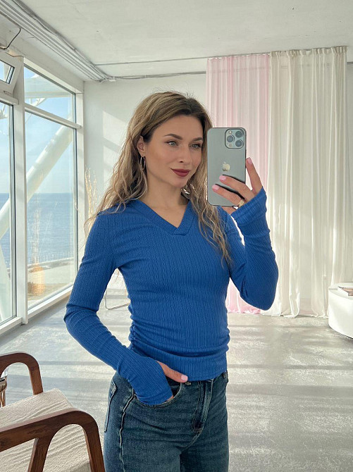 Жіночий стильний лонгслів "поло" з коміром Синій, 42/44 Одеса - фото 2