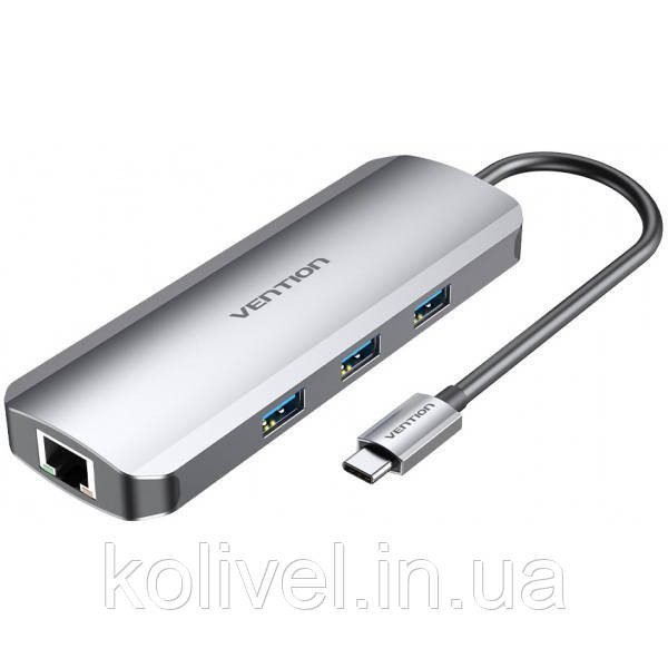 Док-станція USB3.1 Type-C --> HDMI/USB 3.0x3/RJ45/SD/TF/TRRS 3.5mm/PD 100W Hub 9-in-1 Vention (TOLHB) Київ - фото 1