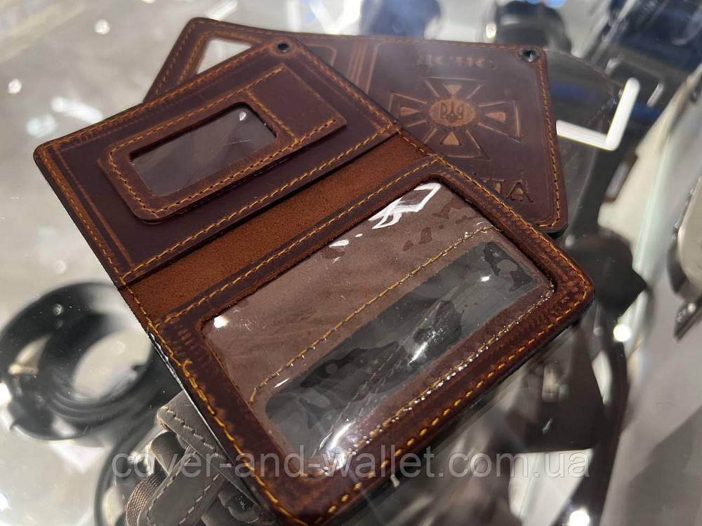 Шкіряна обкладинка ДСНС із відділенням для жетону коричневого кольору Puos Київ - фото 16