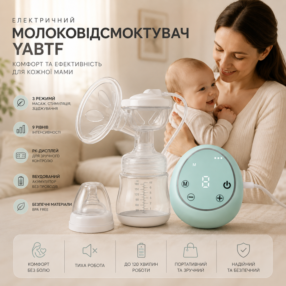 Уцінка! Електричний молоковідсмоктувач yabtf з РК-дисплеєм (3 режими, 9 рівнів), бездротовий автовідсмоктувач молока + соска Київ - фото 7