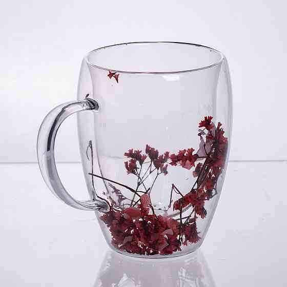 Чашка скляна з подвійними стінками і червоними сухоцвітами 350 мл Київ