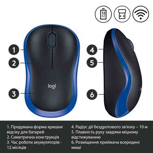 Миша Logitech Wireless Mouse M185 BLUE - EWR2 (910-002236) (6877534) Киев