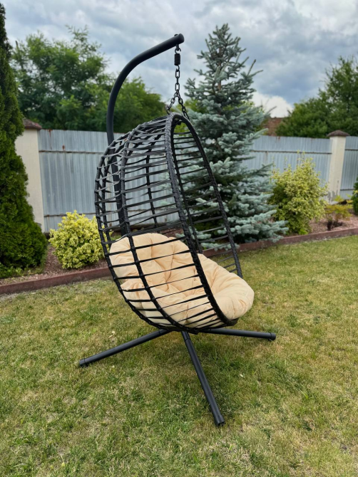 Підвісне садове крісло гойдалка (кокон / гніздо) SAN VITO з м'якою бежевою подушкою, Чорний Київ - фото 3